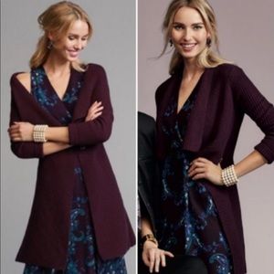 CAbi regal duster style 3350 sweater. Color is mulberry/burgundy.